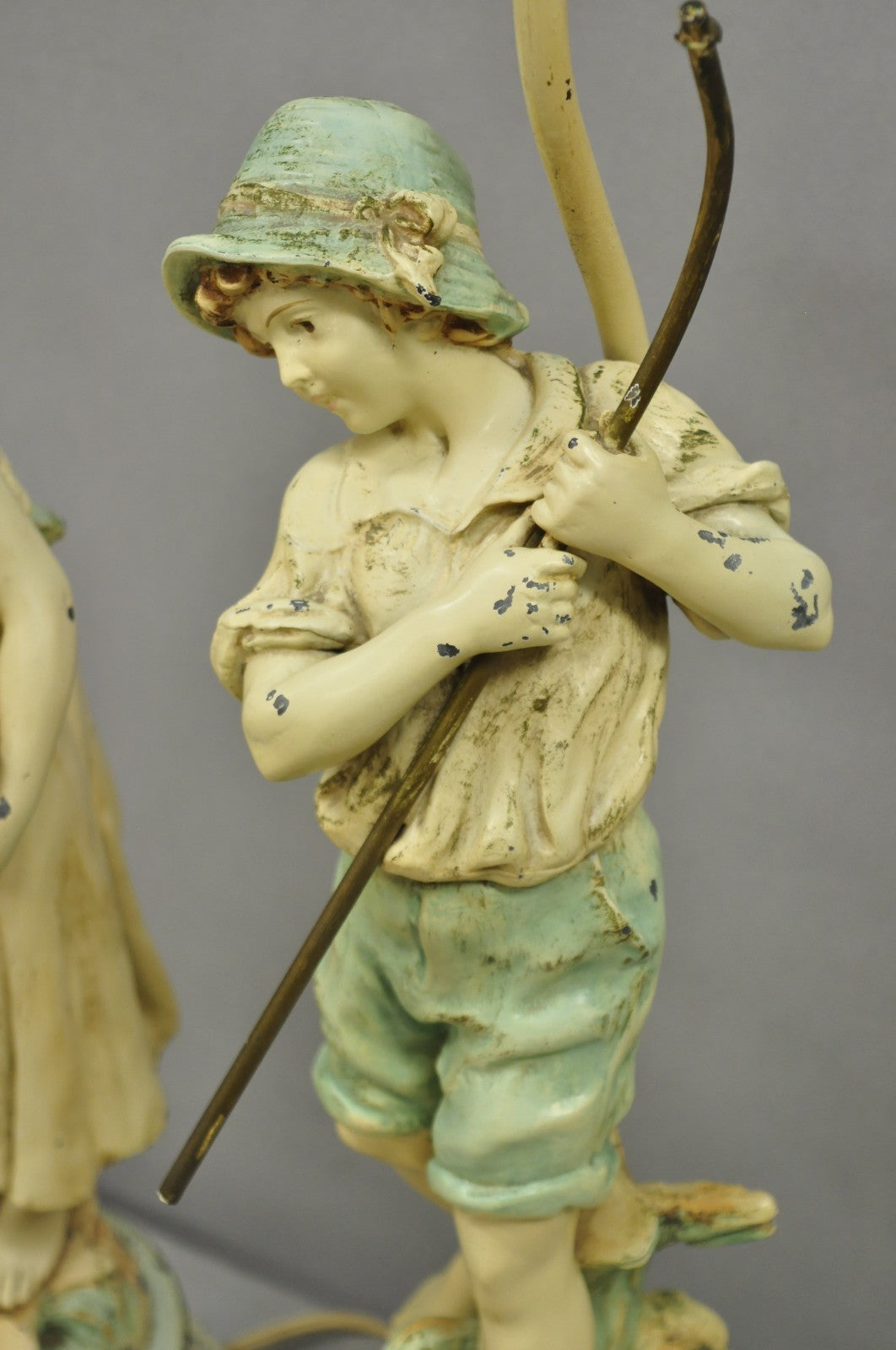 Vintage French Renaissance Moreau Metal Boy and Girl Figural Table Lamp - a Pair