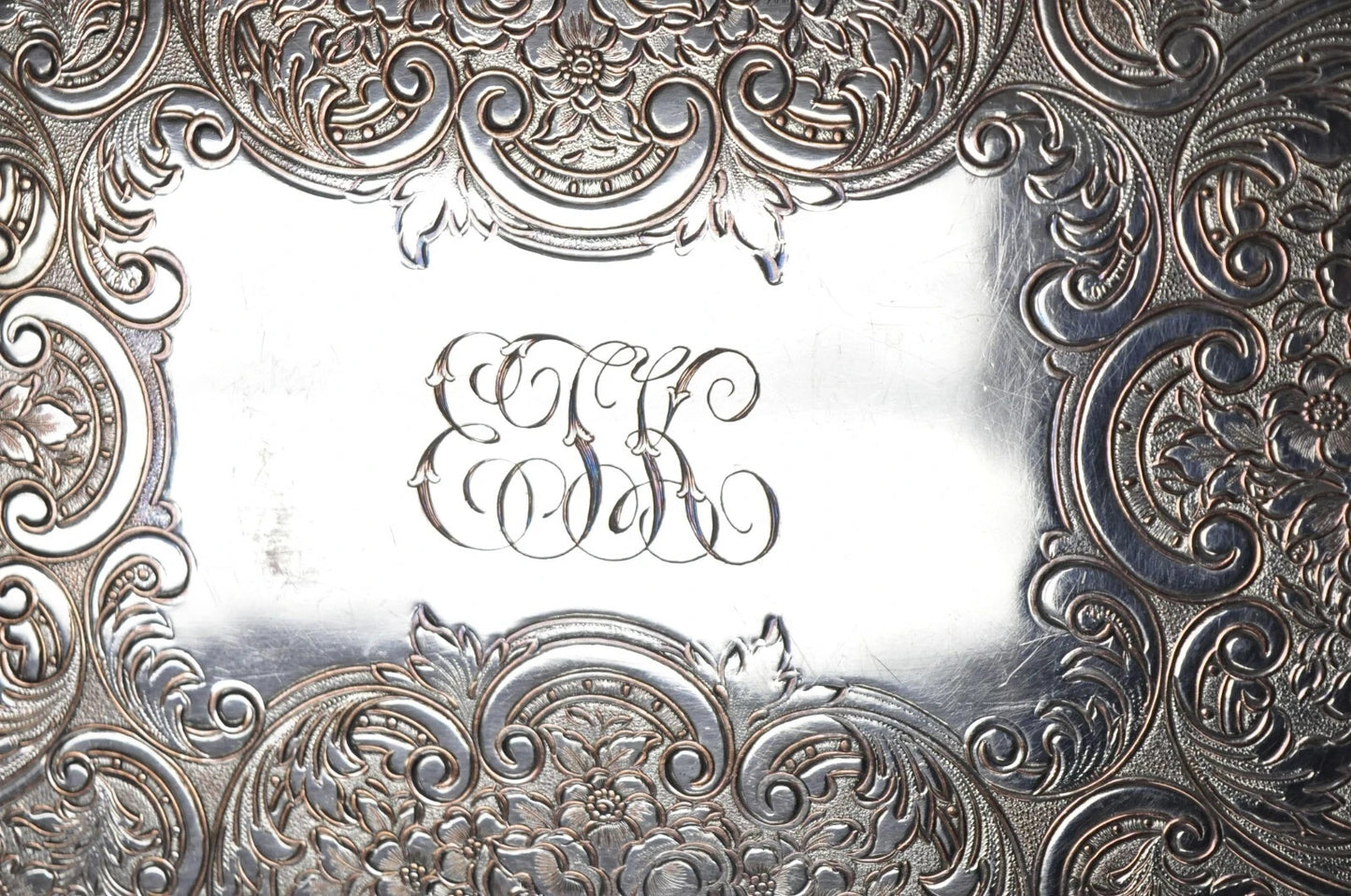 Antique Victorian Silver Plated Grapevine Repousse Platter Bar Tray w/ Monogram