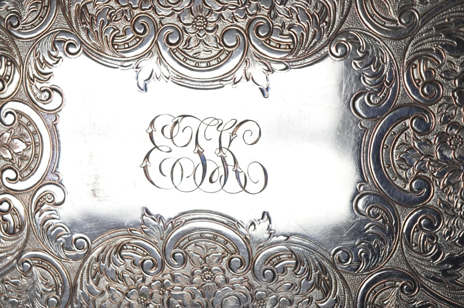 Antique Victorian Silver Plated Grapevine Repousse Platter Bar Tray w/ Monogram