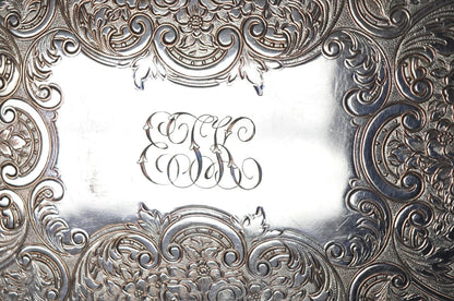 Antique Victorian Silver Plated Grapevine Repousse Platter Bar Tray w/ Monogram