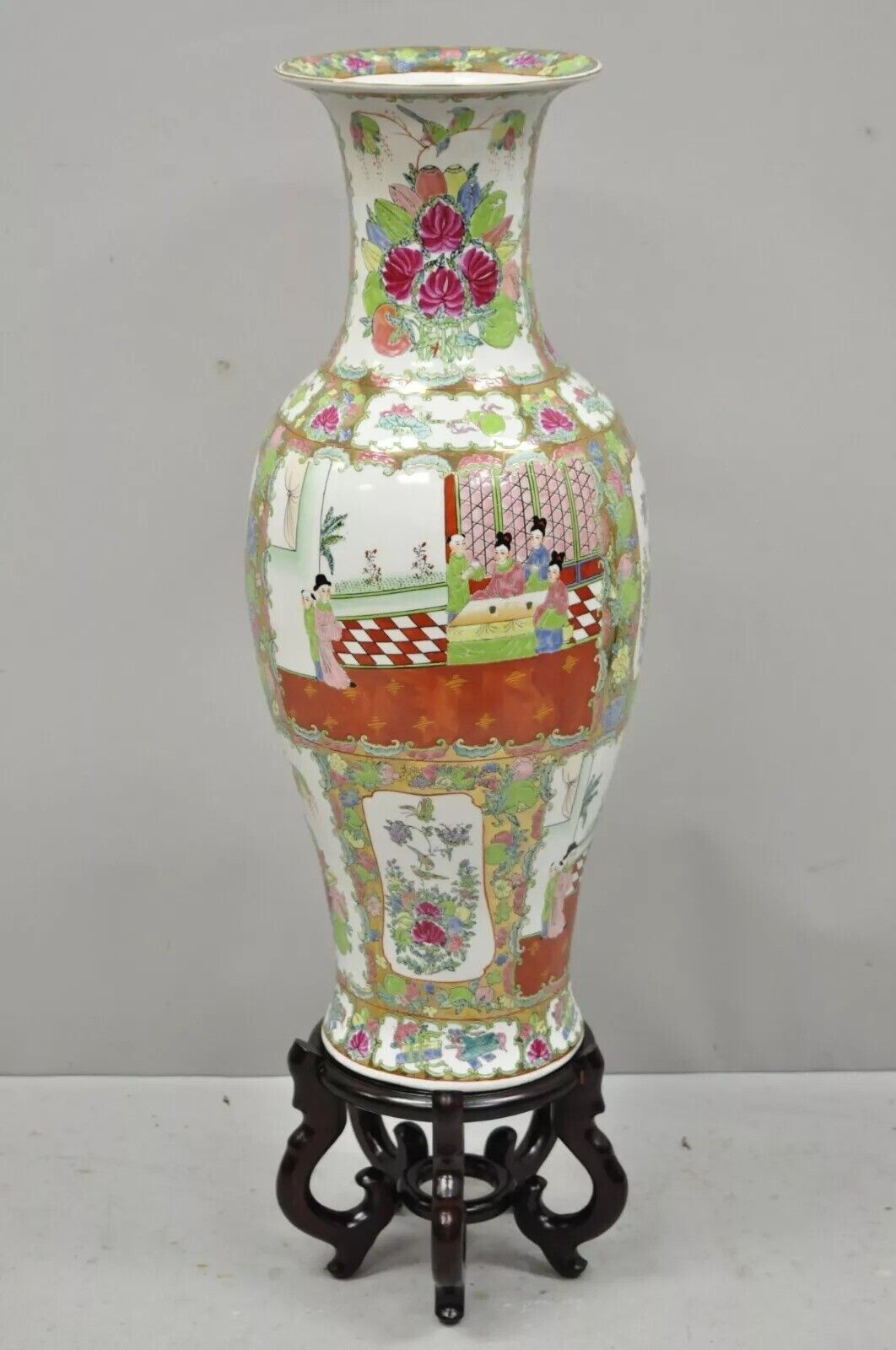 Antique 32" Chinese Famille Rose Porcelain Urn Vase Vessel Temple Jar on Base