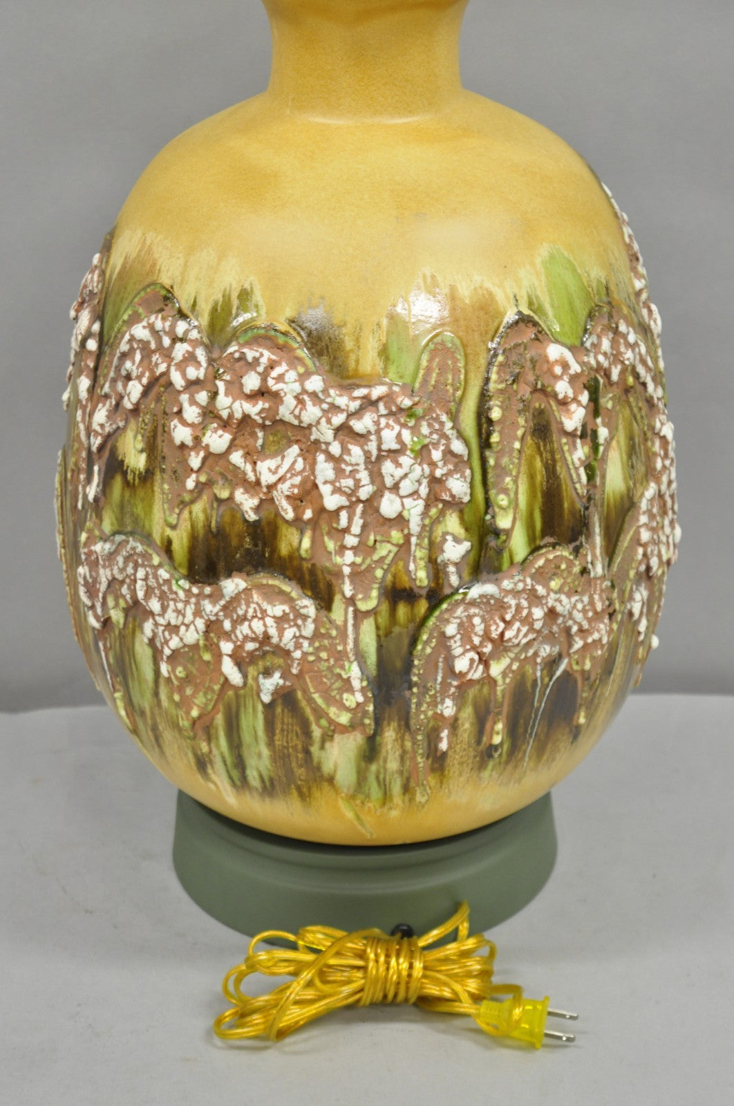 Mid Century Modern Large Volcanic Glazed Pottery Yellow & Green Table Lamp