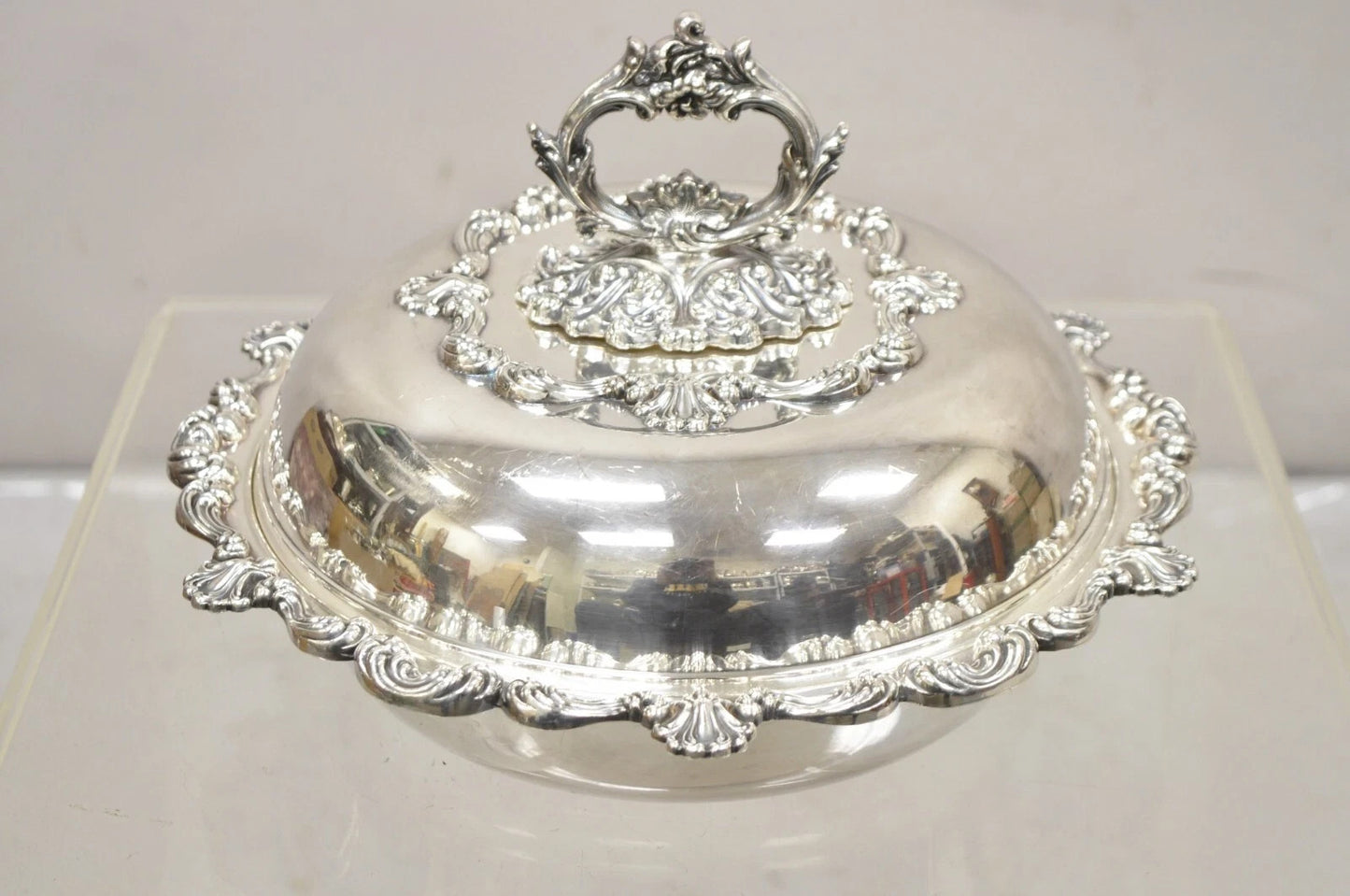 Vintage English Victorian Ornate Round Silver Plated Covered Serving Dish
