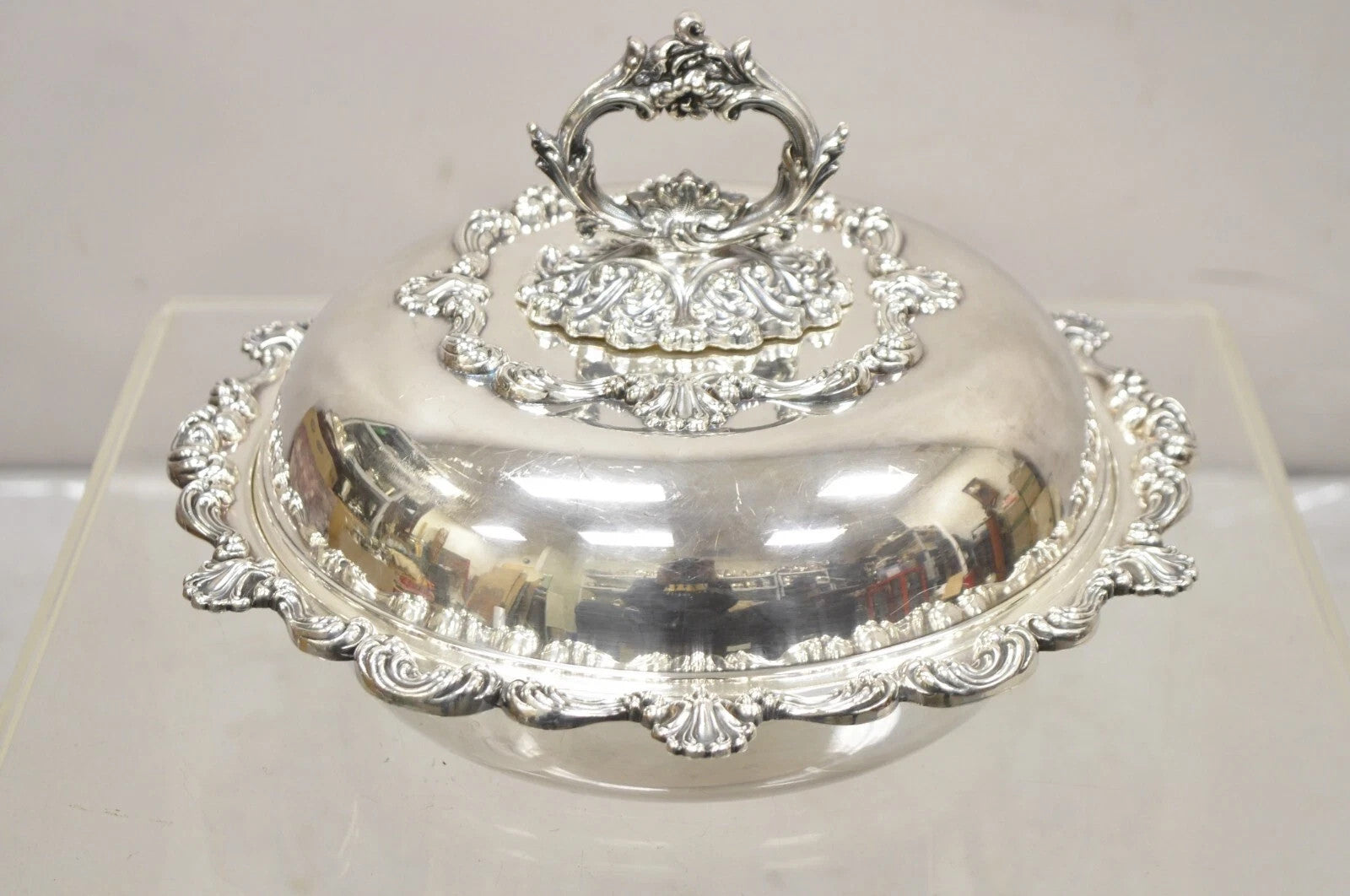 Vintage English Victorian Ornate Round Silver Plated Covered Serving Dish
