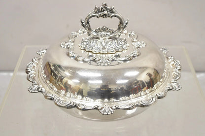 Vintage English Victorian Ornate Round Silver Plated Covered Serving Dish