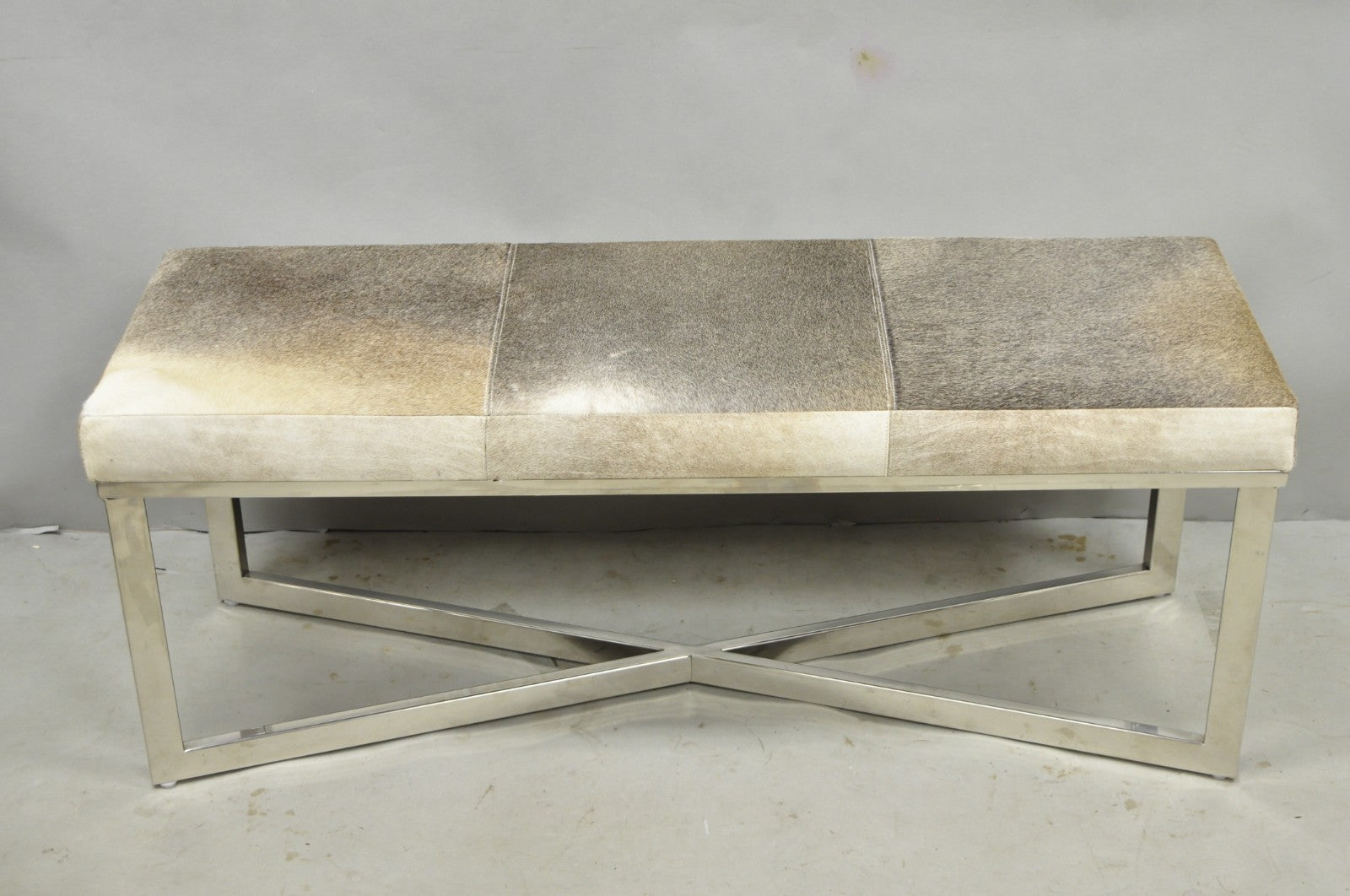Modern Leather Cowhide Silver Chrome Metal X-Frame Stretcher Base Bench