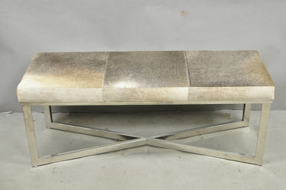 Modern Leather Cowhide Silver Chrome Metal X-Frame Stretcher Base Bench