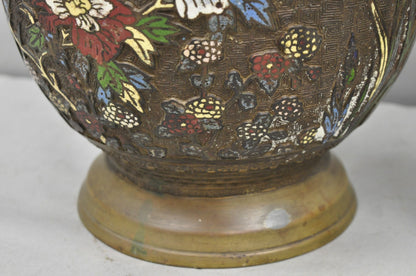 Antique Japanese Champleve Cloisonne Enamel Bronze Twin Handle 14" Vessel Vase