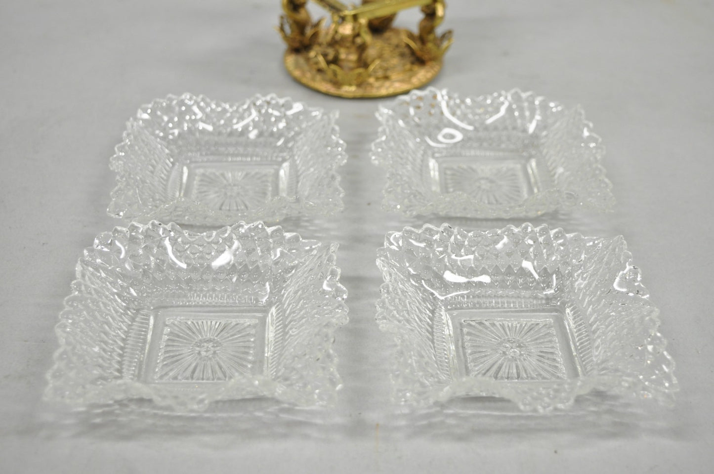 Vintage Brass Filigree Brides Basket Holder w/ Cherubs & 4 Ruffled Glass Dishes