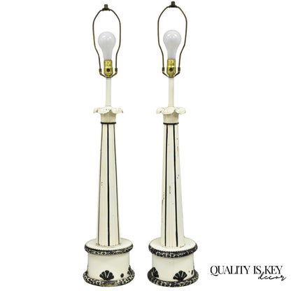 Vintage Hollywood Regency Lotus Leaf Black & White Metal Column Table Lamps Pair