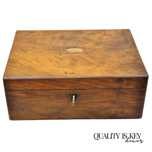 Antique English Victorian Burl Walnut Small Lap Desk Box with Fitted Interior