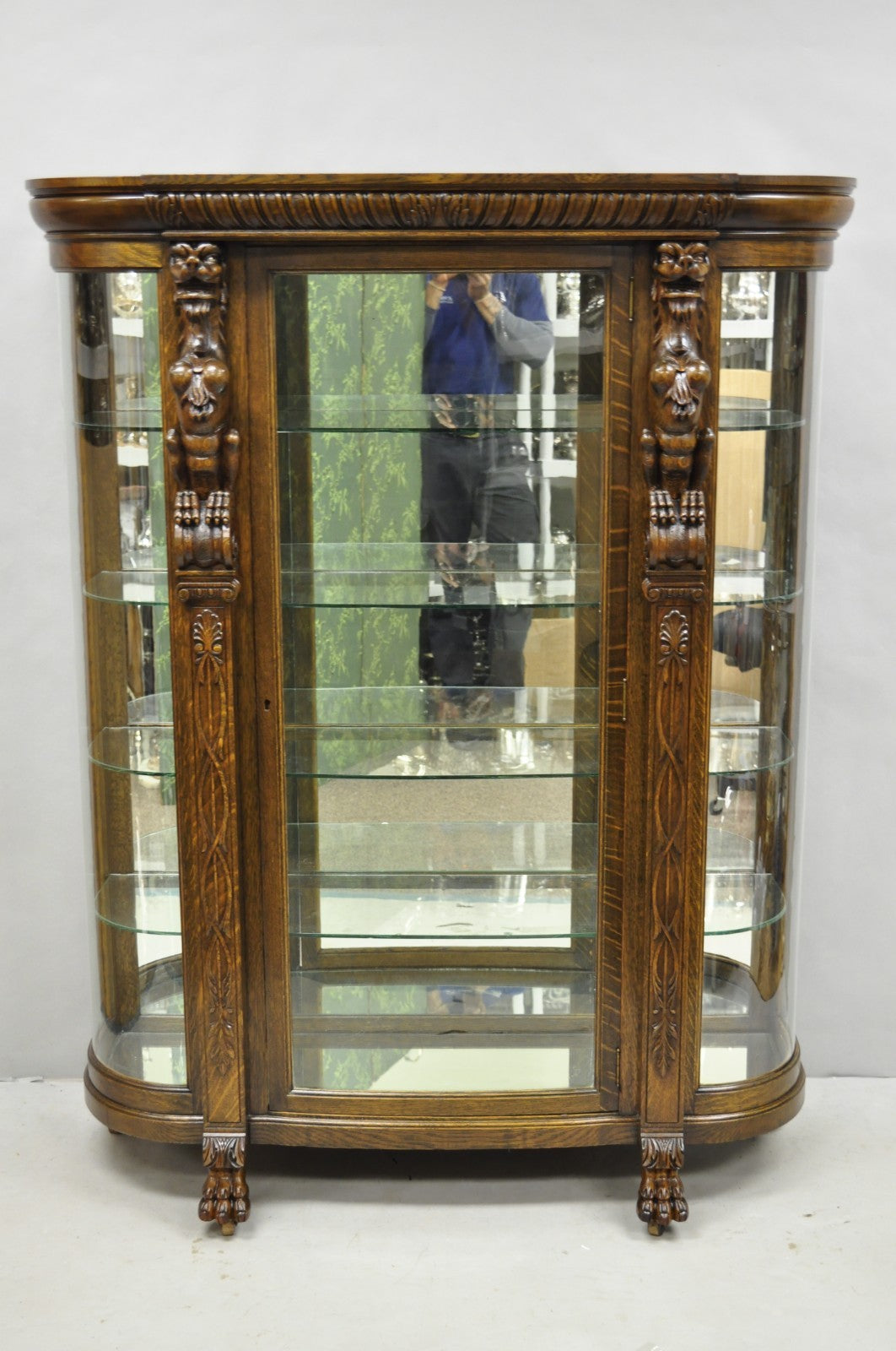 Antique American Empire Tiger Oak Curved Glass China Cabinet w/ Carved Griffins