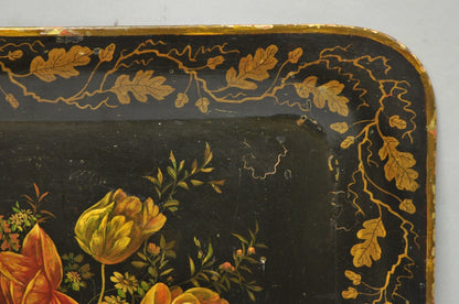 Antique French Country Tole Metal Hand Painted Floral Large Serving Platter Tray