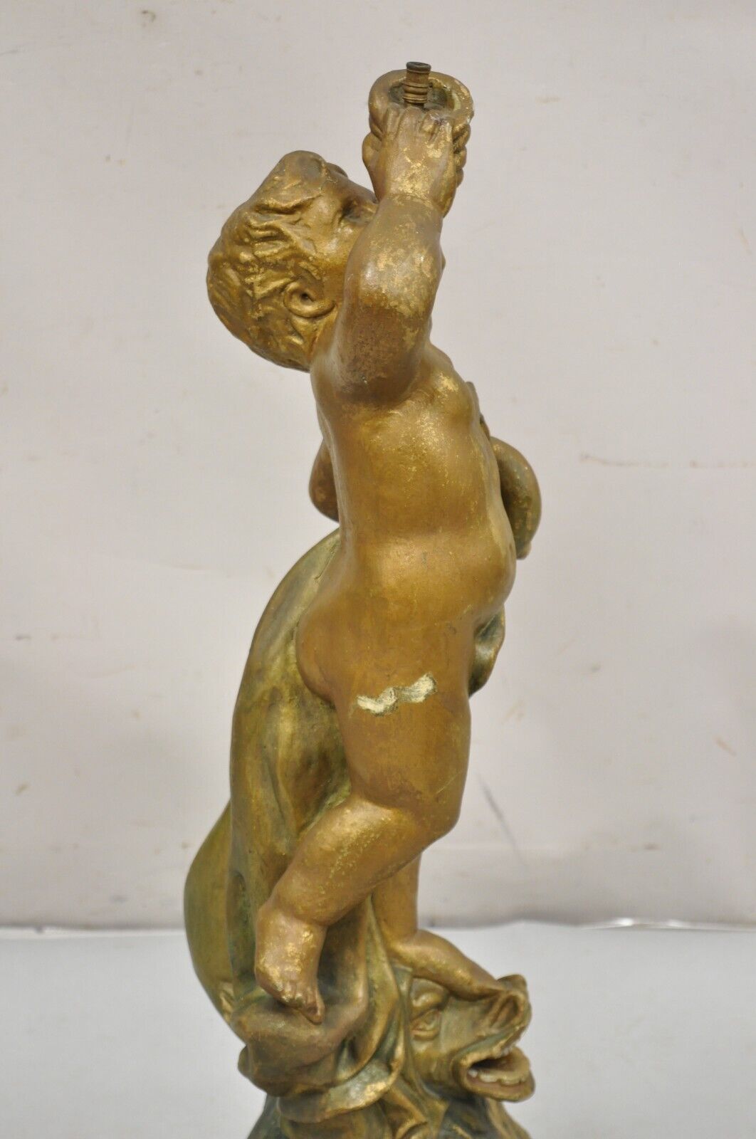 Antique Terracotta Italian Classical Boy Putti & Dolphin Statue Garden Fountain