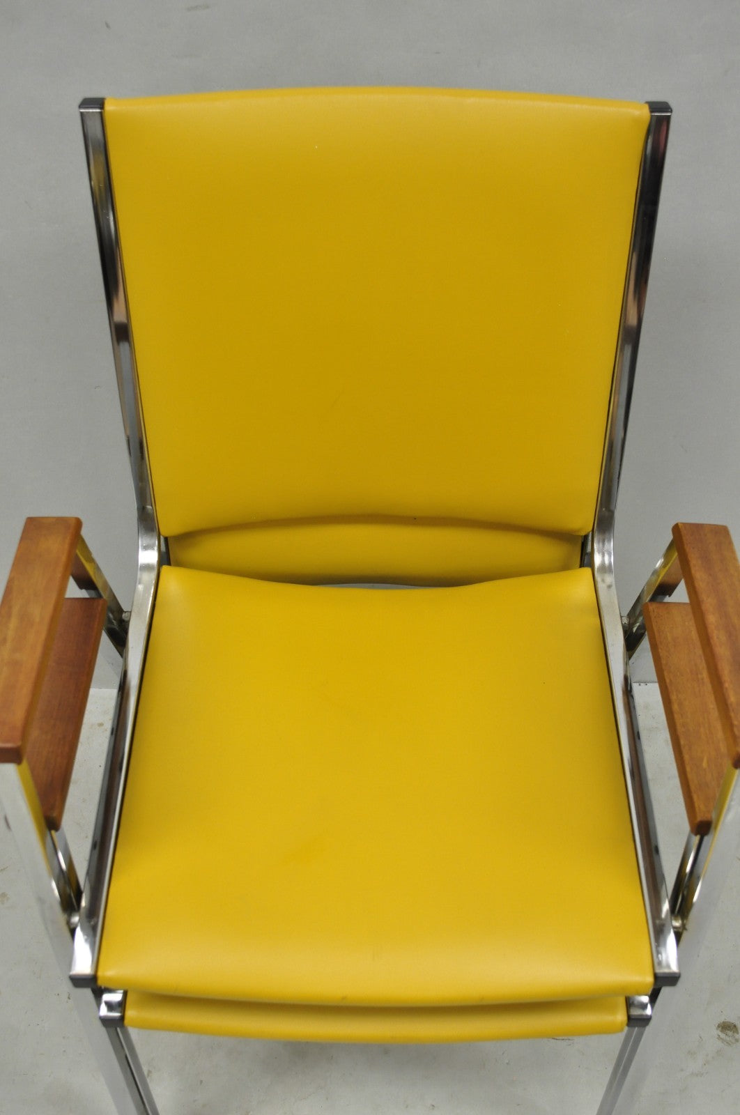 Vintage Nightingale Mid Century Modern Chrome & Yellow Vinyl Stacking Chair Pair