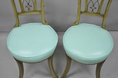 Pair of Carved Mahogany French Regency Style Chairs w/ Brass Handle & Aqua Vinyl