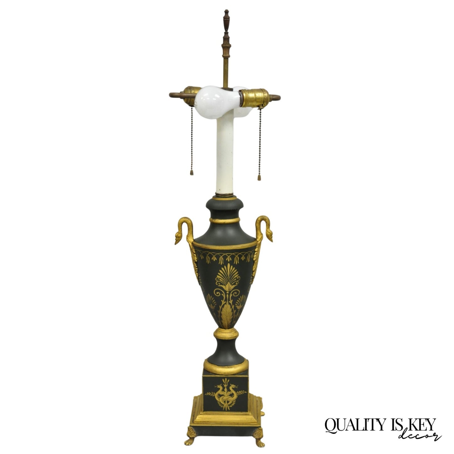 Vintage French Empire Green Tole Metal Gold Swan Painted Urn Table Lamp