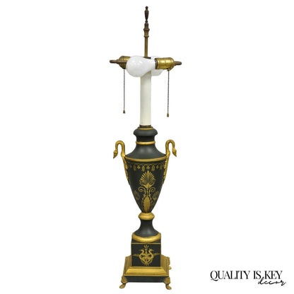 Vintage French Empire Green Tole Metal Gold Swan Painted Urn Table Lamp