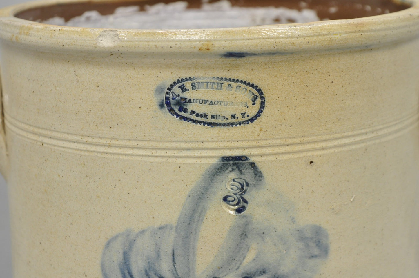 Antique A.E. Smith & Sons Cobalt Blue Painted Flower 3 Gallon Stoneware Crock