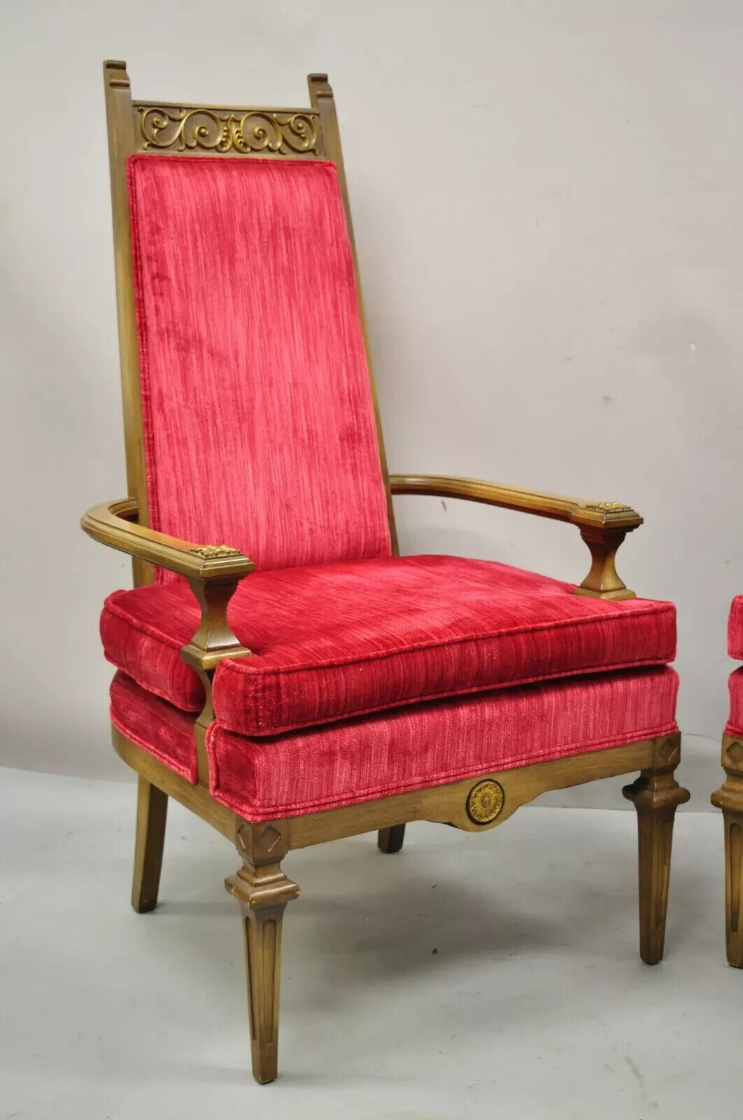 Vintage Italian Hollywood Regency Red High Back Lounge Arm Chairs - a Pair