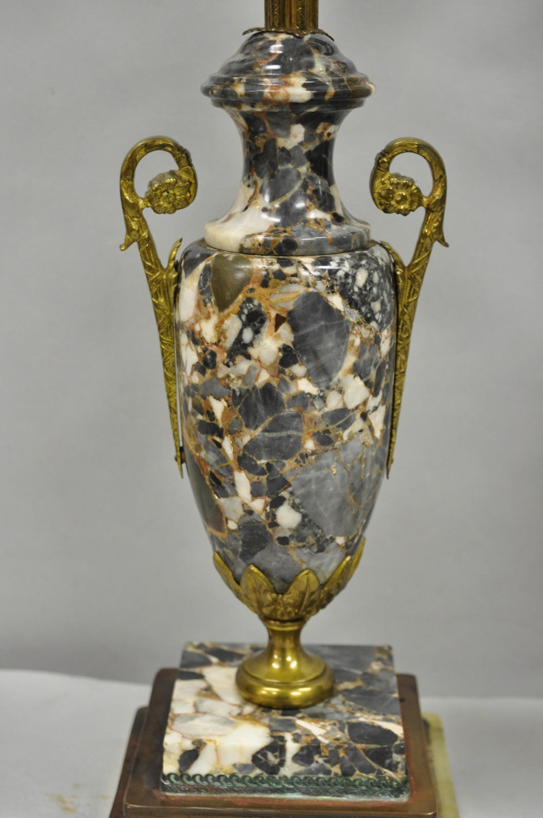 Antique French Empire Neoclassical Marble Urn Brass Candelabra Table Lamp Pair