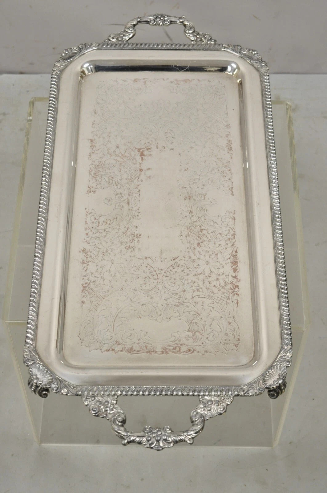 Vintage English Victorian Silver Plated Twin Handle Serving Platter Bar Tray