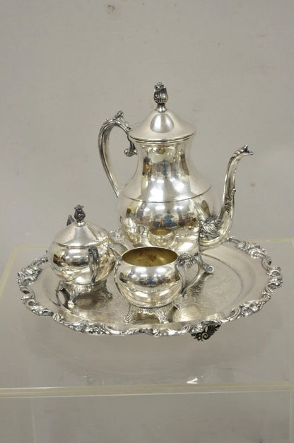 Vintage FB Rogers Silver Plated Tea Set w/ Amston Round Serving Tray - 4 Pc Set