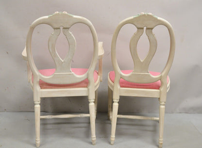 Vintage French Country Gustavian Cerused Pink Rose Dining Chairs - Set of 8