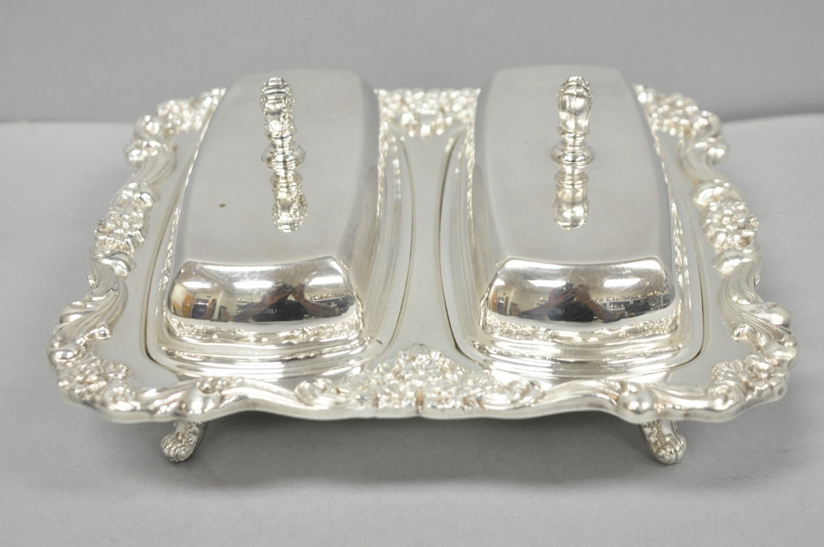 Vintage Poole Lancaster Rose Victorian Silver Plated Twin Double Butter Dish (B)