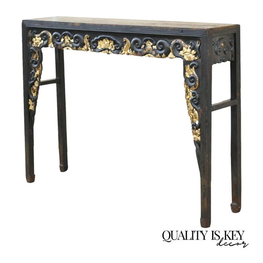 Antique Chinese Carved Hardwood Gold Gilt Tall Altar Console Hall Table