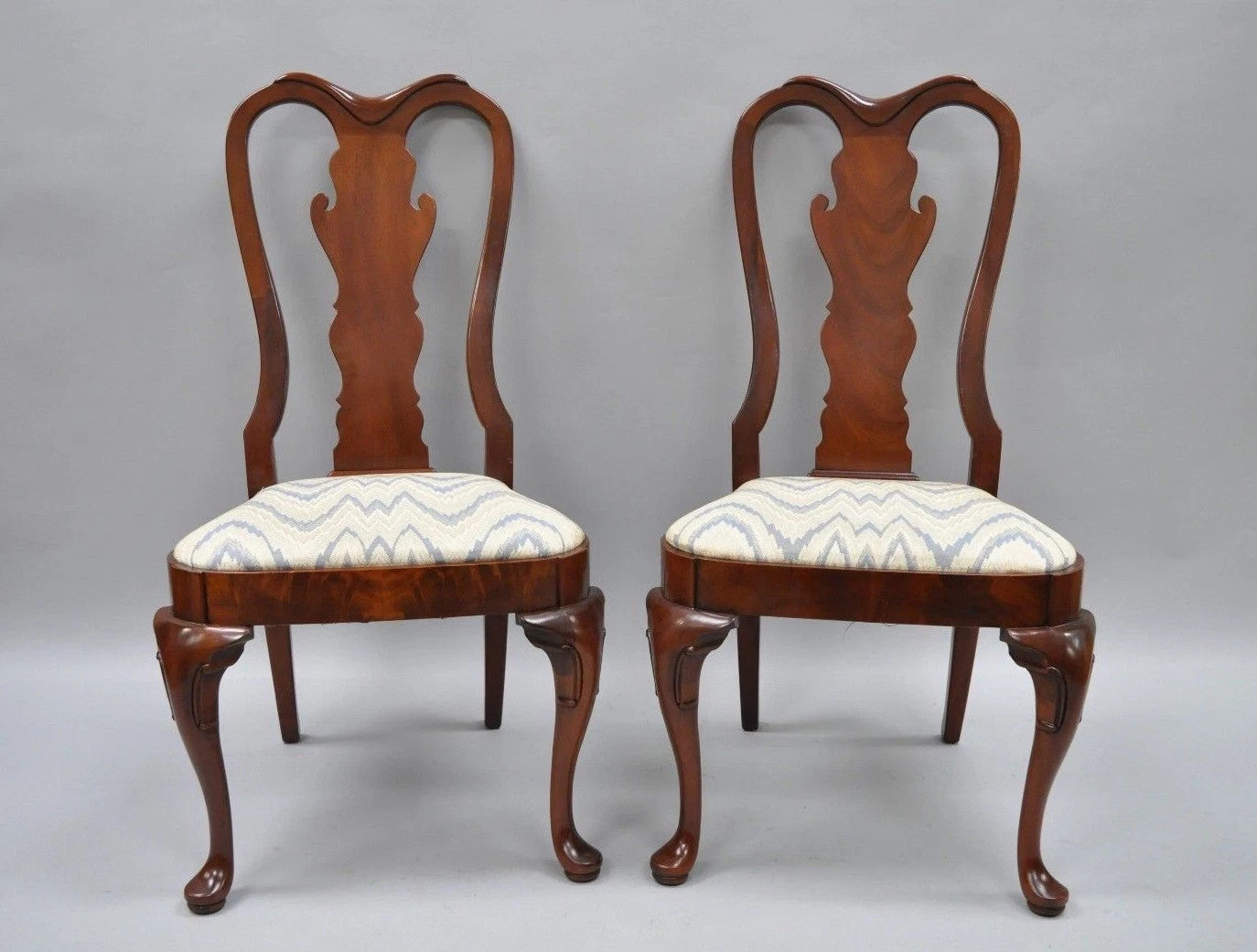 Vintage Queen Anne Style Crotch Mahogany Dining Room Side Chairs - a Pair