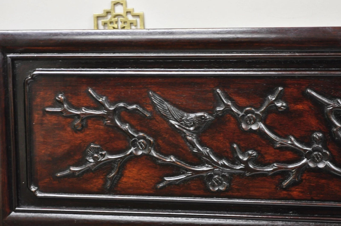 Vintage Chinese Bird Carved Hardwood Mahogany Rectangular Oriental Wall Mirror