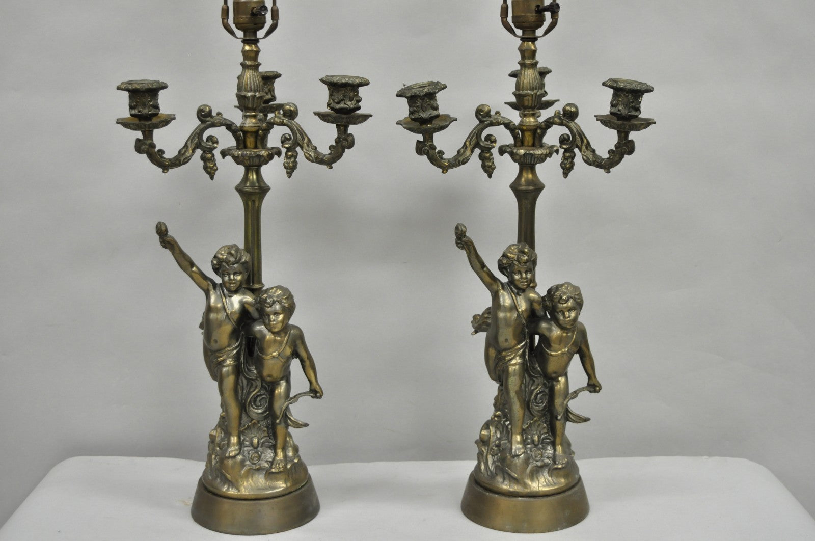 French Renaissance Figural Spelter Metal Cherub Candelabra Table Lamps - a Pair