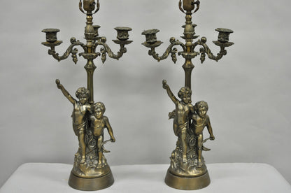 French Renaissance Figural Spelter Metal Cherub Candelabra Table Lamps - a Pair