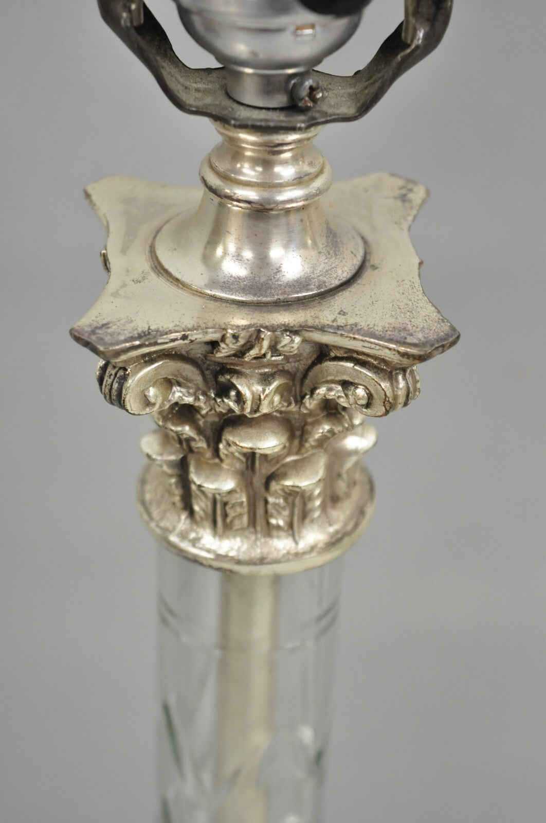 Antique French Empire Nickel Silver Glass Corinthian Column Table Lamps - a Pair