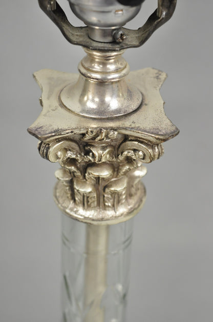 Antique French Empire Nickel Silver Glass Corinthian Column Table Lamps - a Pair