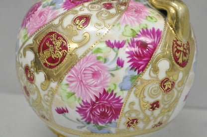 Antique Nippon Moriage Porcelain Twin Handle Ball Vase w/ Hand Painted Roses