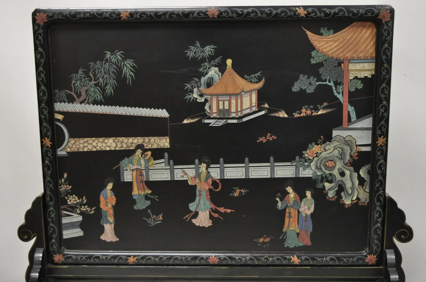 Vintage Chinese Black Lacquer Oriental Fireplace Screen Fire Screen Divider