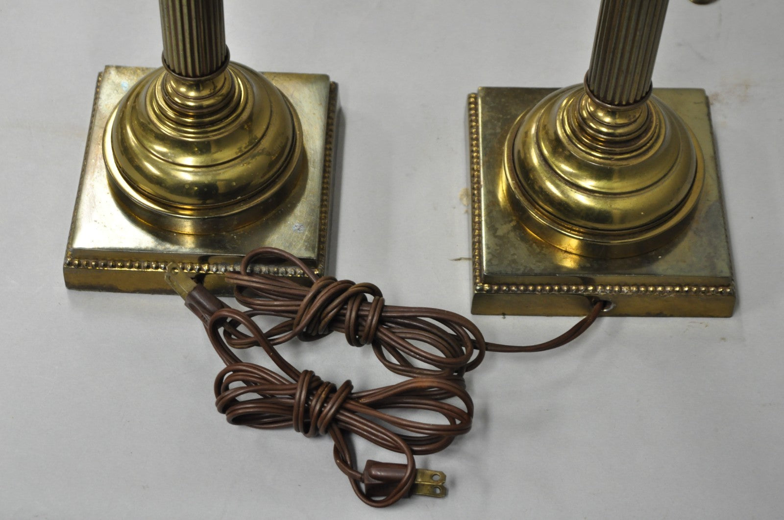 Vintage French Country Tole Metal Shade Brass Column Candelabra Table Lamps Pair