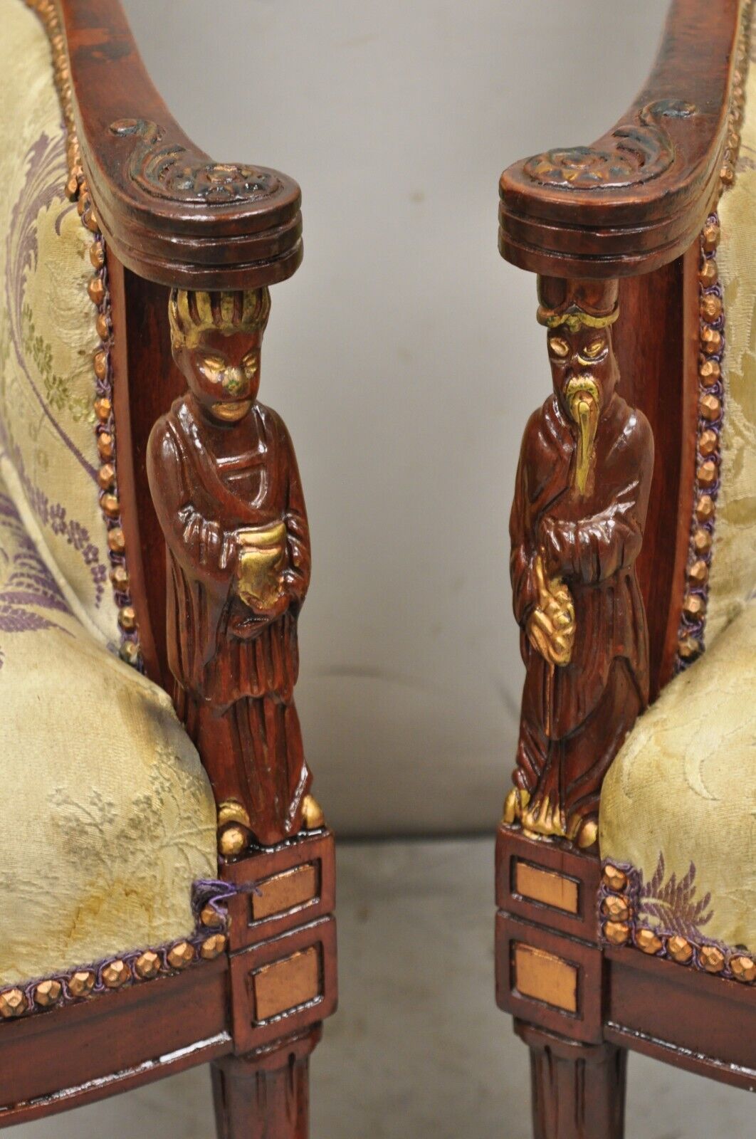 Vintage Chinoiserie Pagoda Figural Mahogany Fireside Parlor Lounge Chairs - Pair