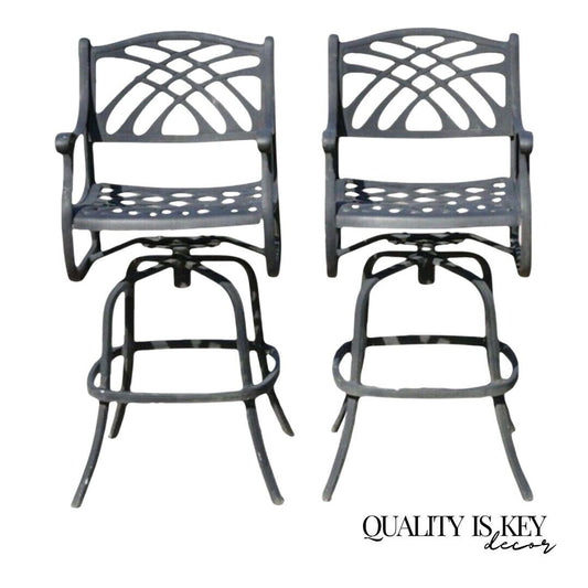 Cast Aluminum Swivel Art Nouveau Style Pool Patio Barstools Chairs - a Pair