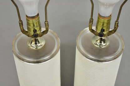 Vintage Hollywood Regency White Faux Alligator Embossed Cylinder Table Lamp Pair