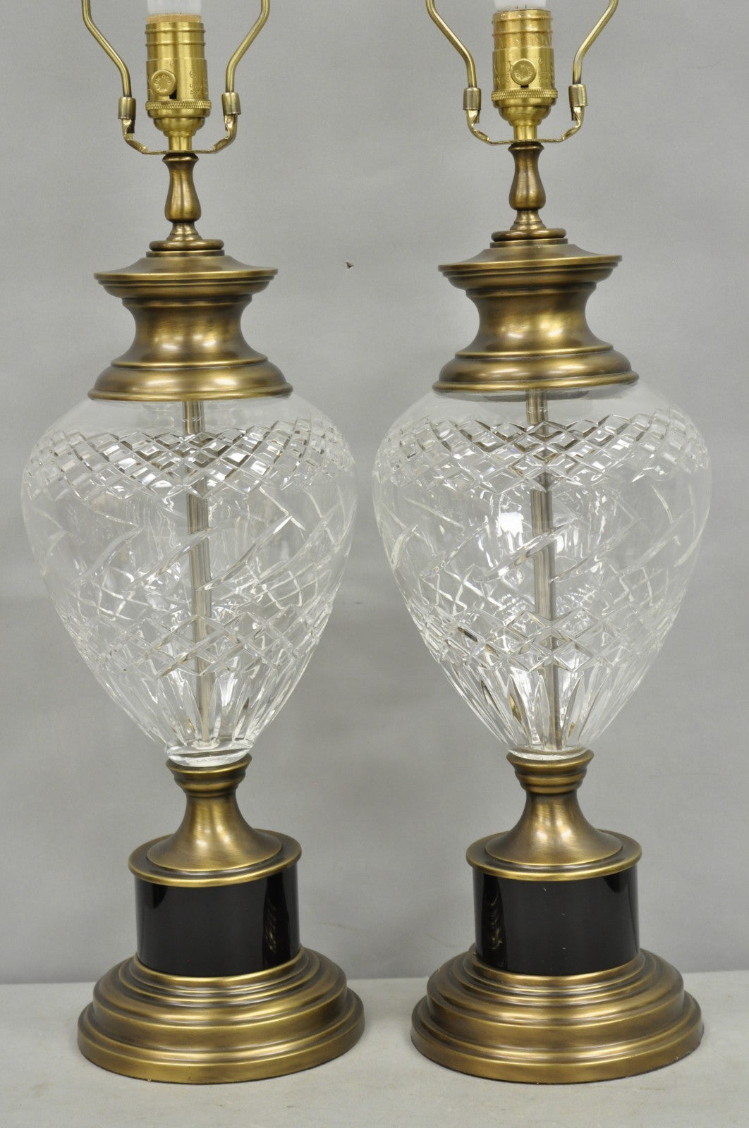French Empire Cut Crystal Glass Urn & Brushed Brass Table Lamps by Wildwood Pair