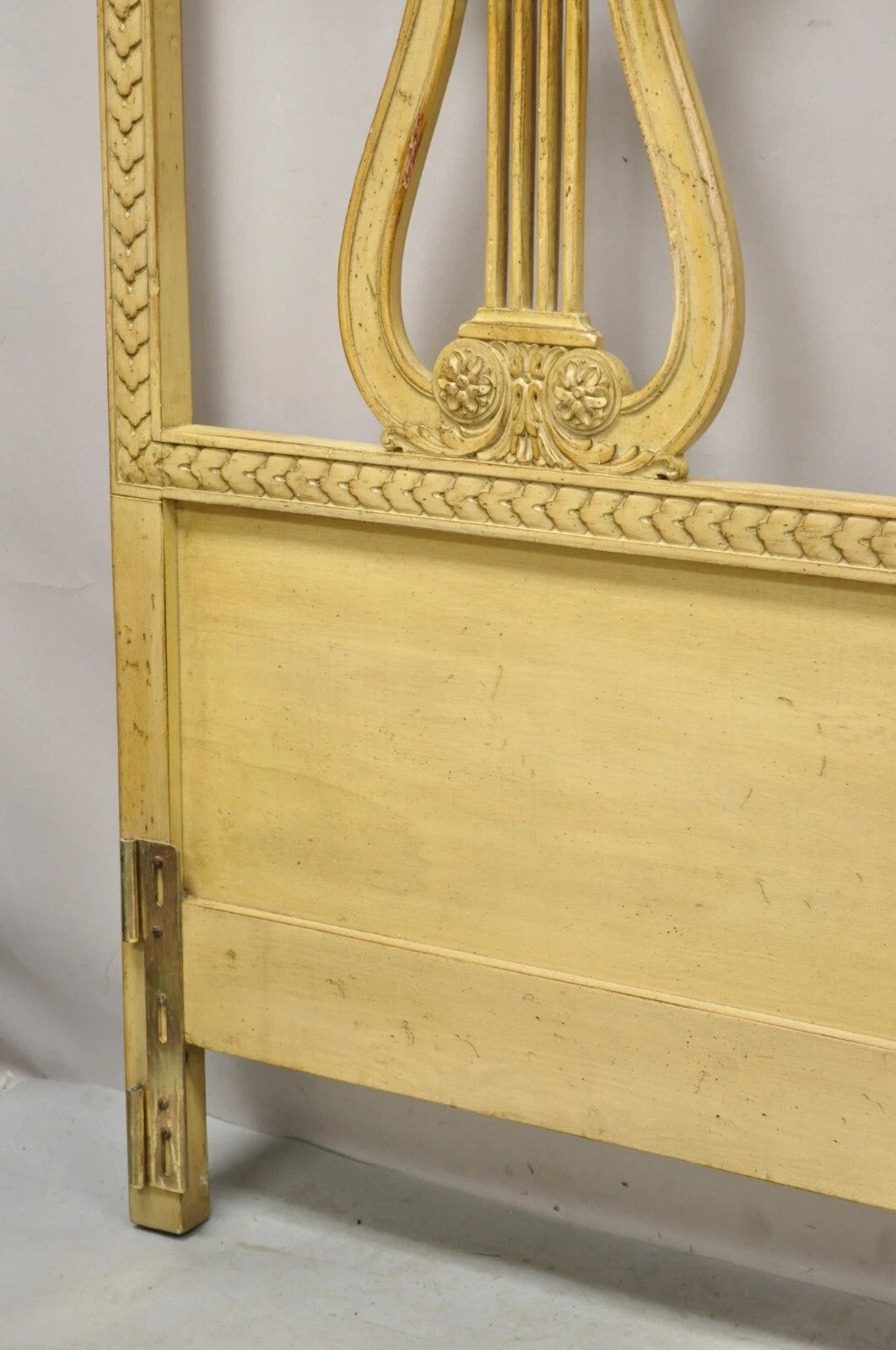 Vintage Italian Neoclassical Carved Lyre Harp Wooden King Size Bed Headboard