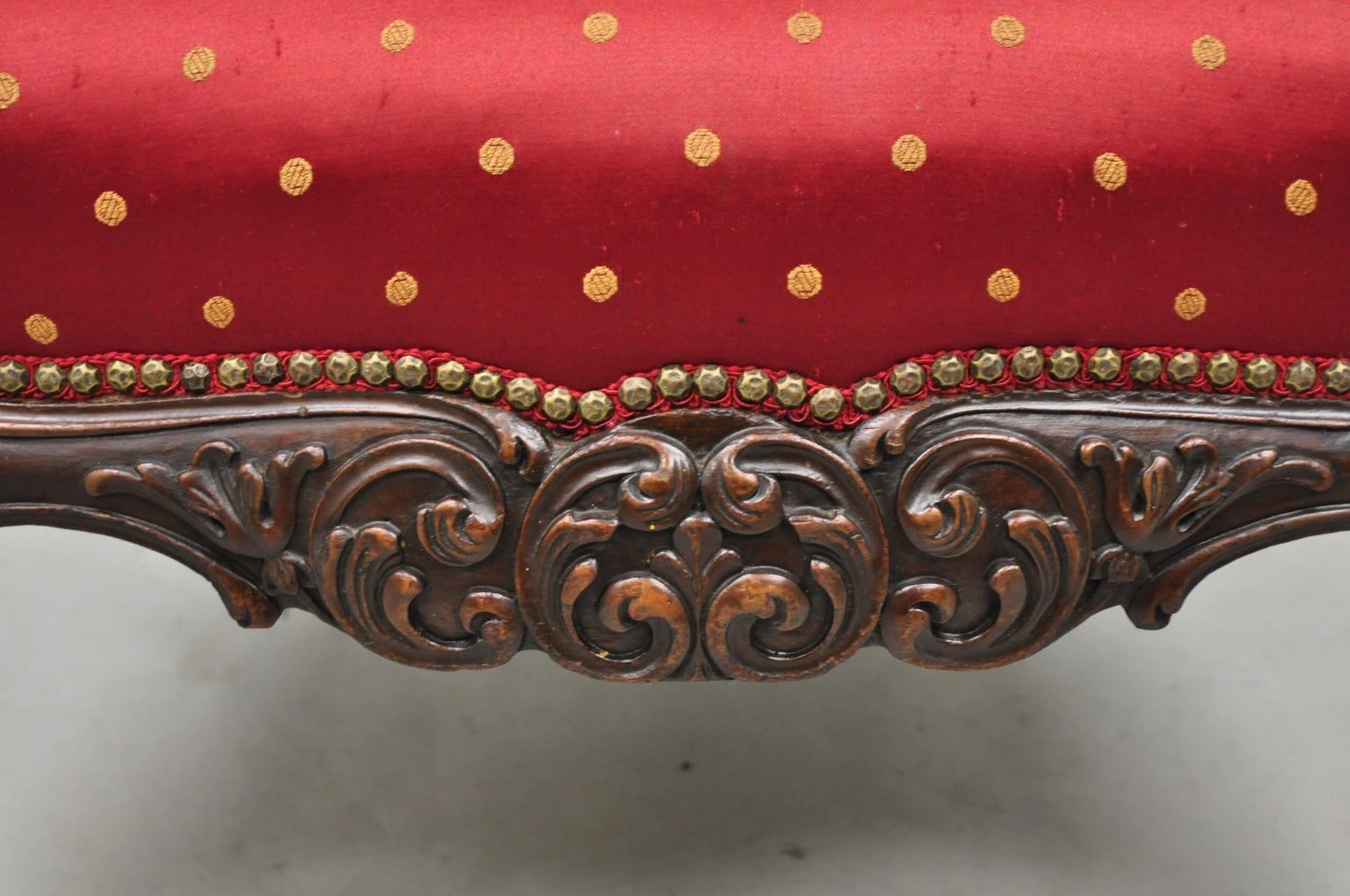 Antique English Georgian Style Carved Mahogany Red Library Lounge Arm Chair