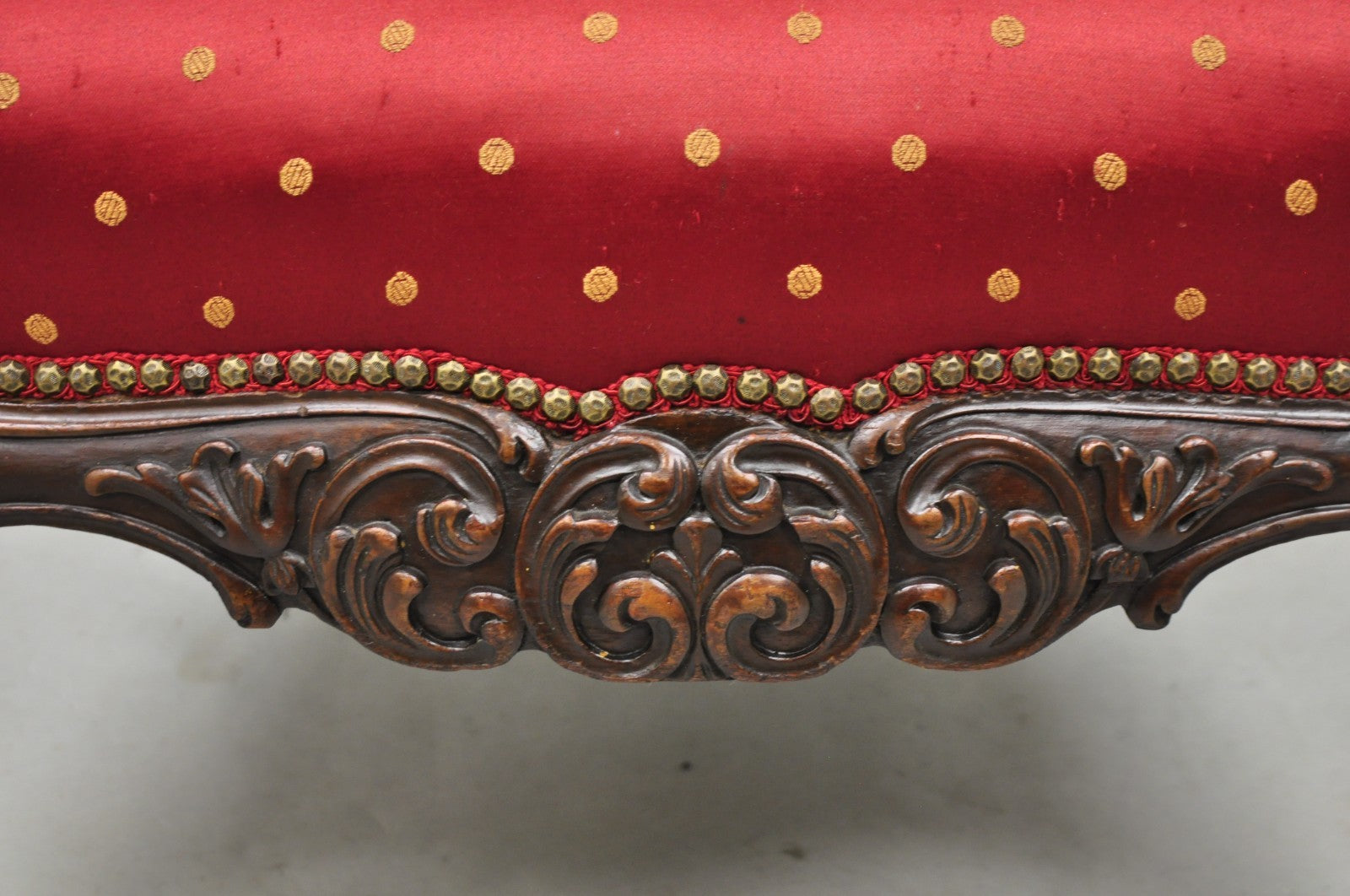 Antique English Georgian Style Carved Mahogany Red Library Lounge Arm Chair