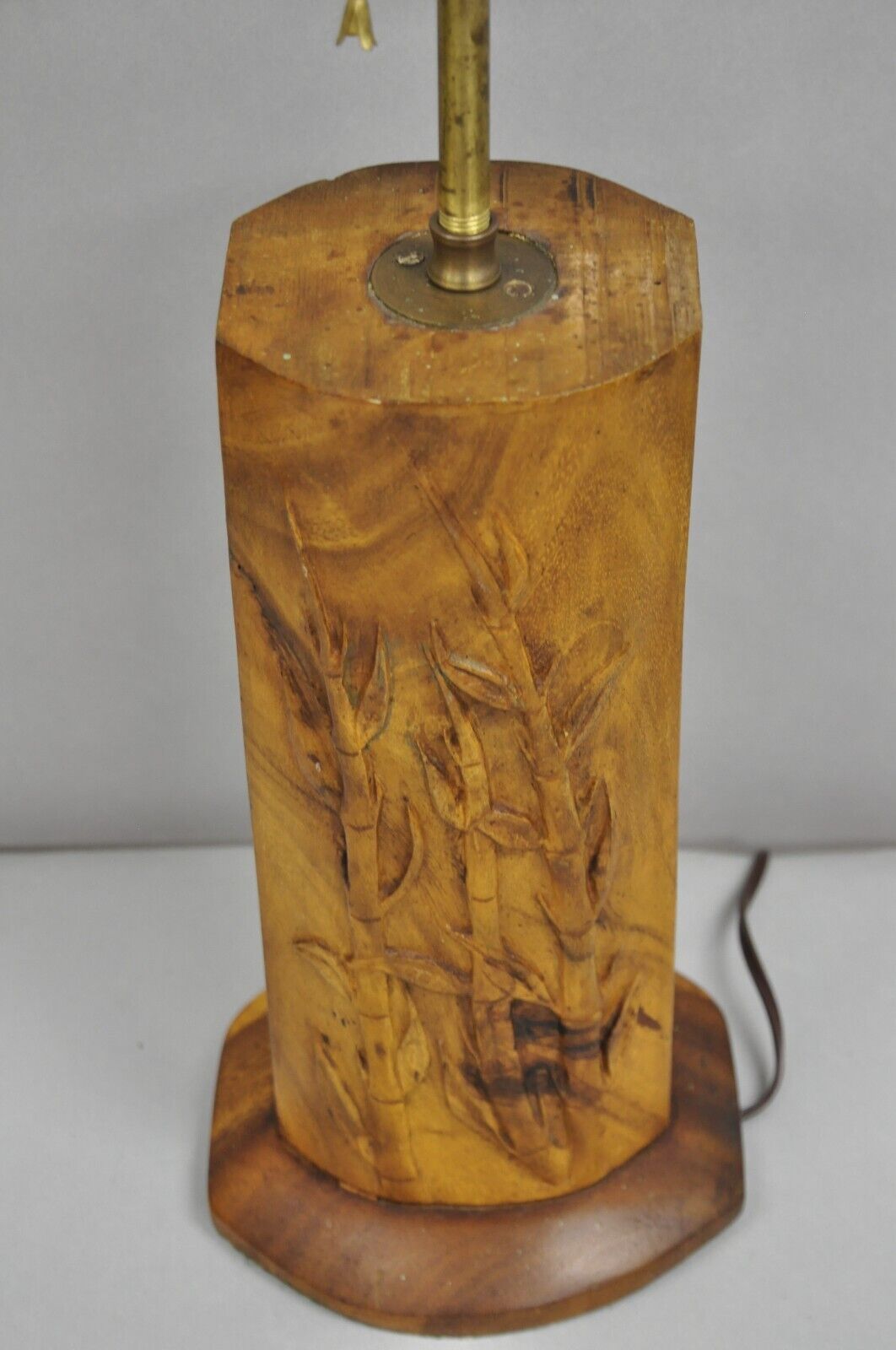 Antique Chinese Carved Solid Teak Wood Block Bamboo Chute Table Lamp