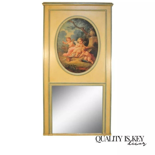 19th C French Louis XVI Style Cream Painted Large Trumeau Mirror with Cherubs