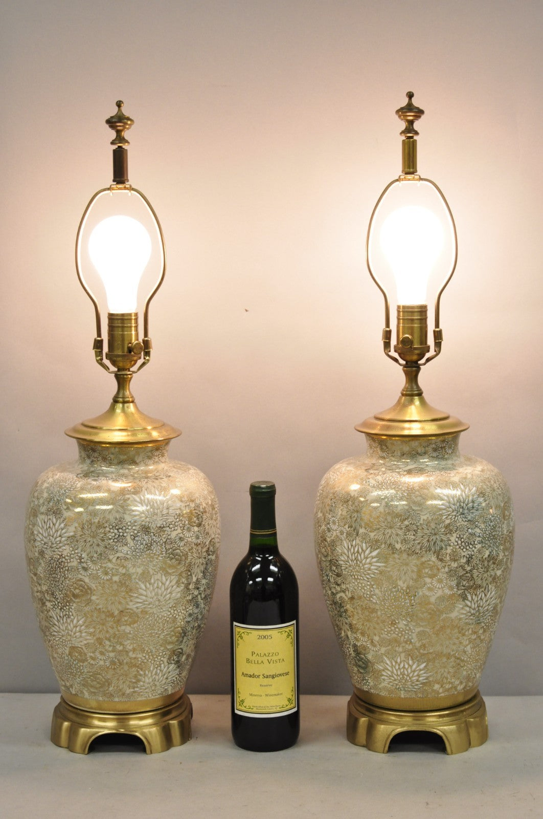 Vintage Chinoiserie Gold Porcelain Jardiniere Table Lamps by Wildwood - a Pair