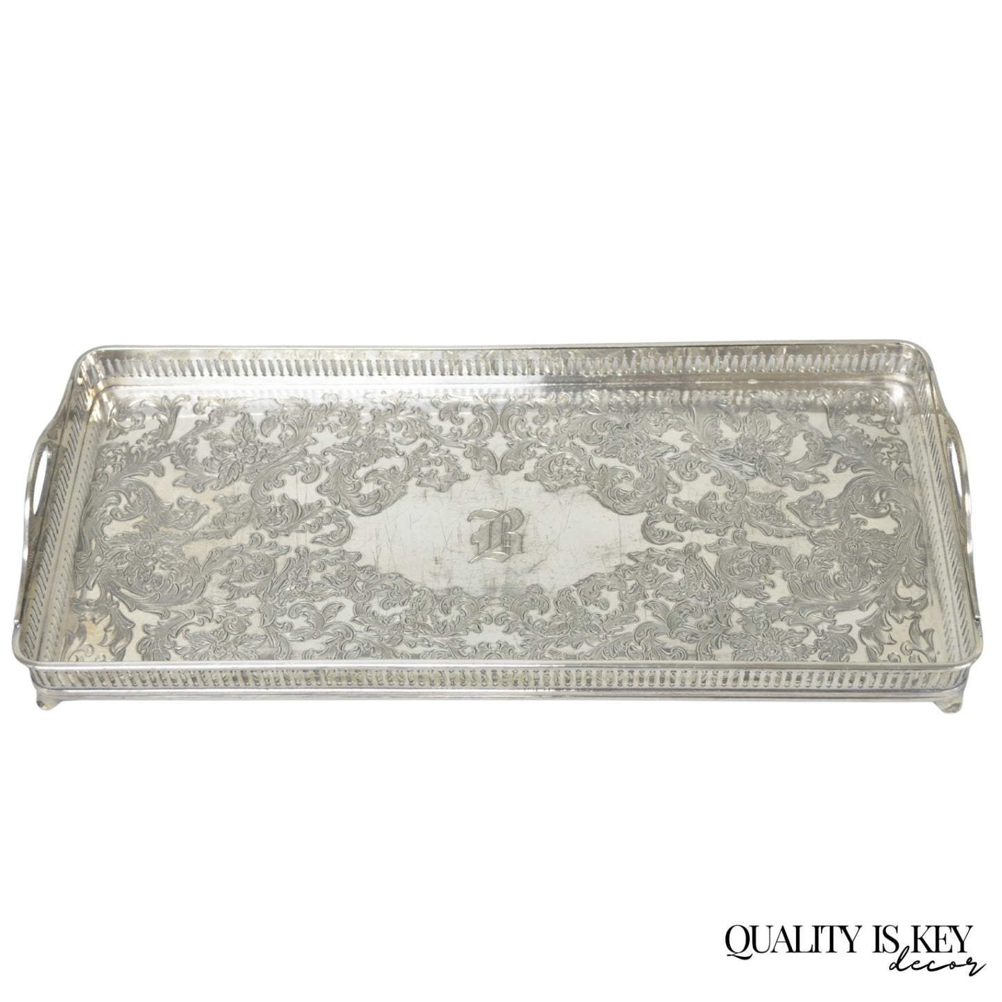 Antique Wilcox Victorian Engraved Narrow Silver Plated Trinket Dish "B" Monogram